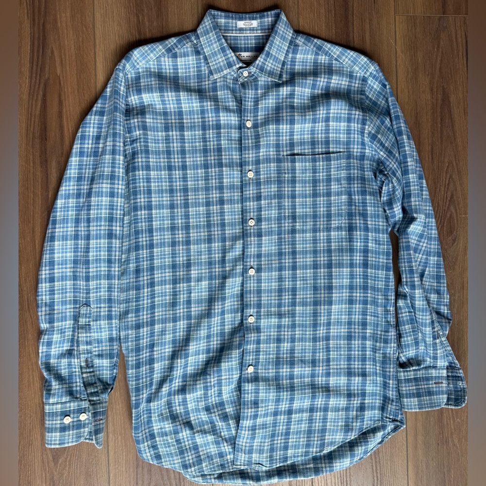 Peter Millar Men's Medium Mountainside Sport Shirt Cotton Plaid Blue